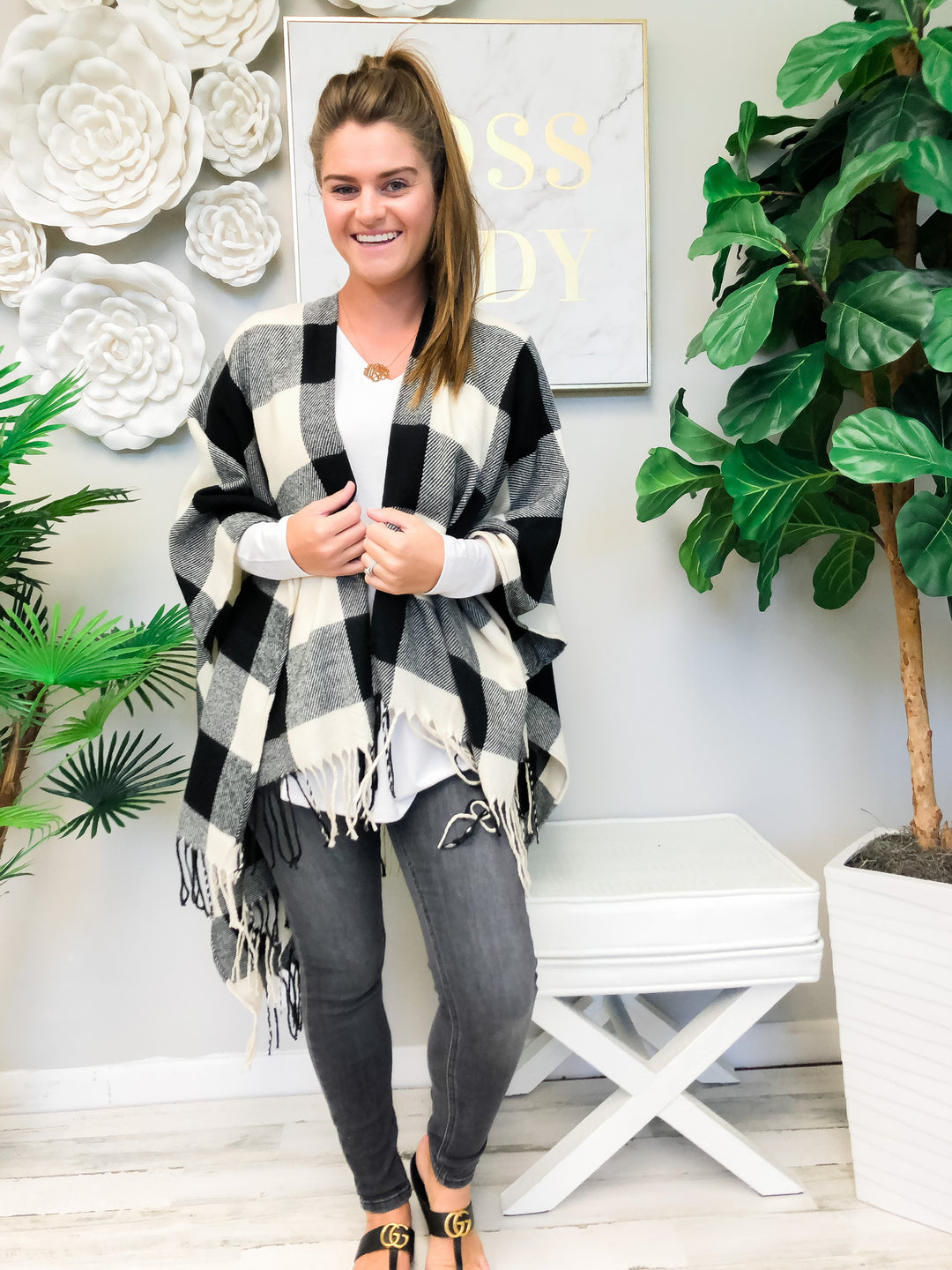 White Buffalo Check Plaid Open Poncho