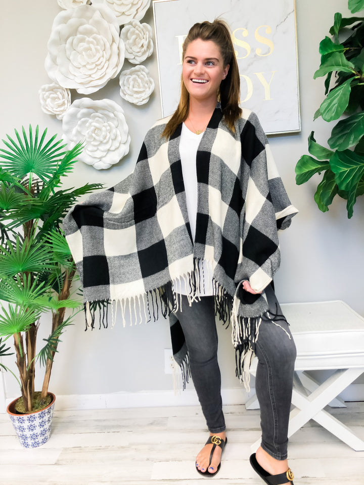 White Buffalo Check Plaid Open Poncho