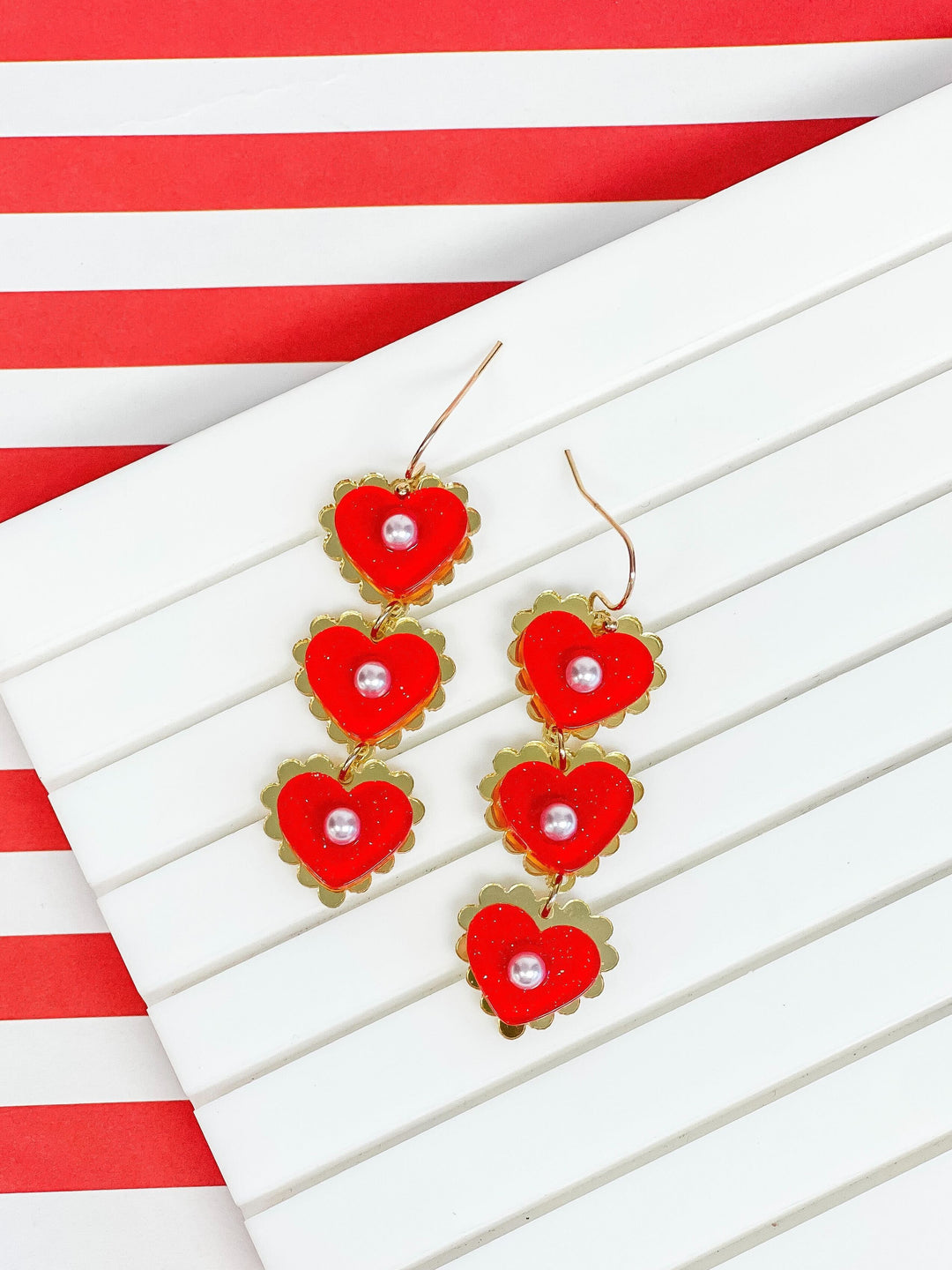 Pearly Heart Trio Dangle Earrings - Red