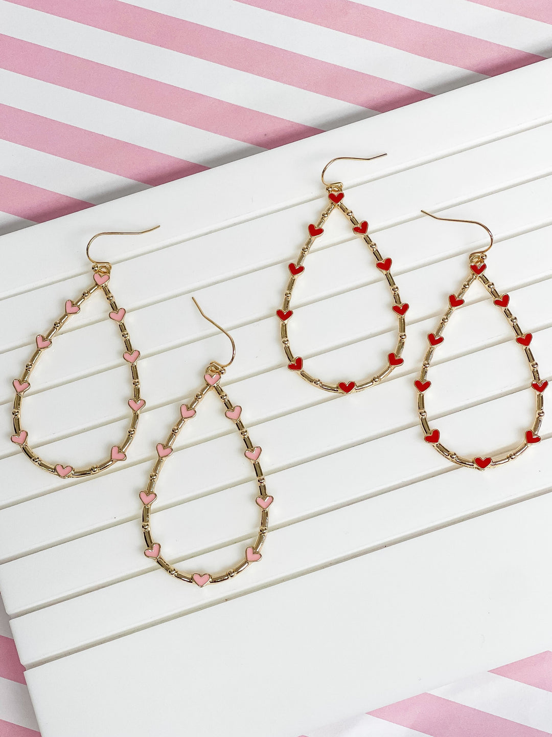 Heart-Studded Teardrop Dangle Earrings - Red