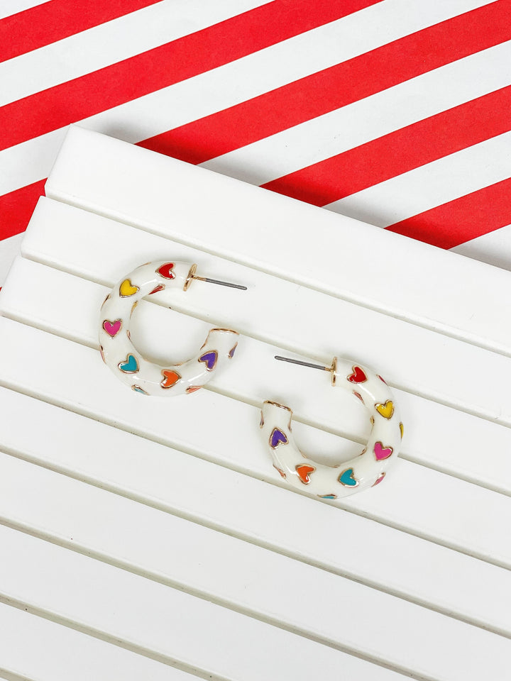 Little Heart-Patterned Enamel Hoop Earrings - White