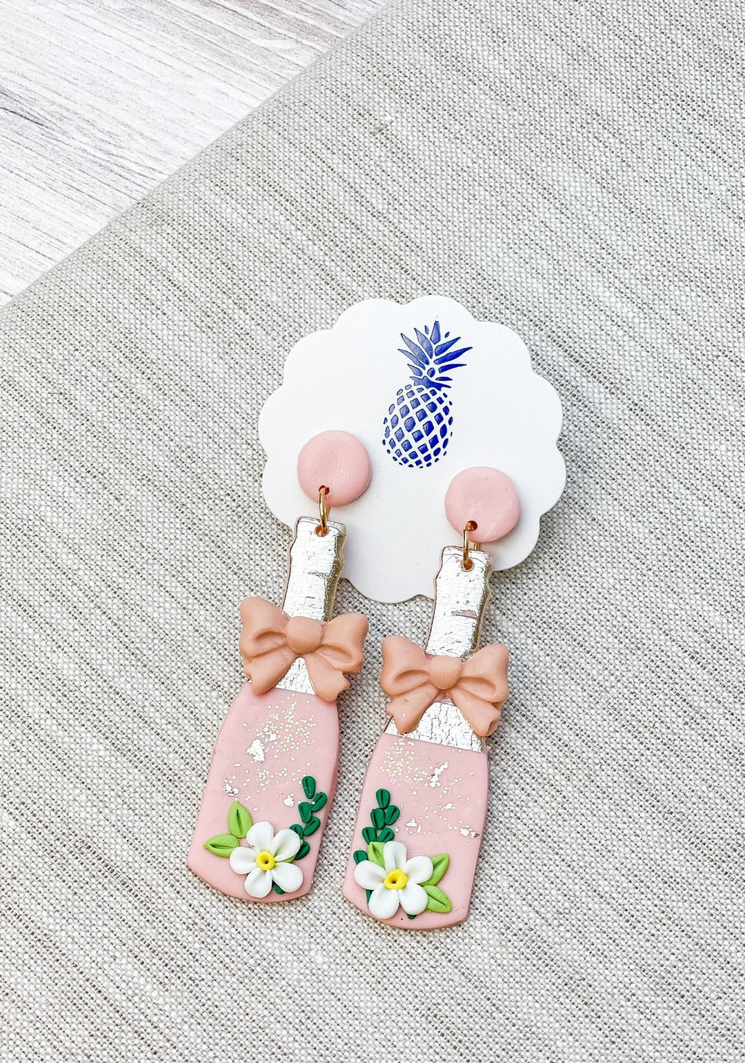 Pink Floral Champagne Clay Earrings