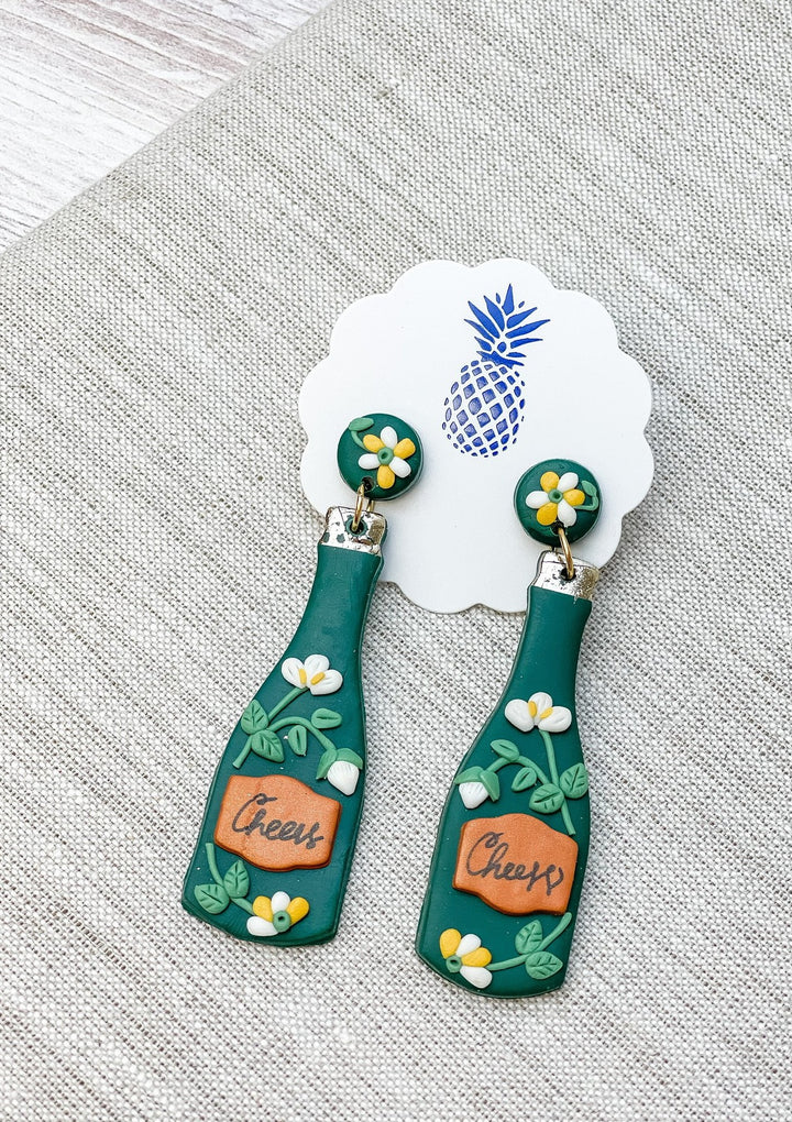 Green Flower Cheers Champagne Clay Earrings