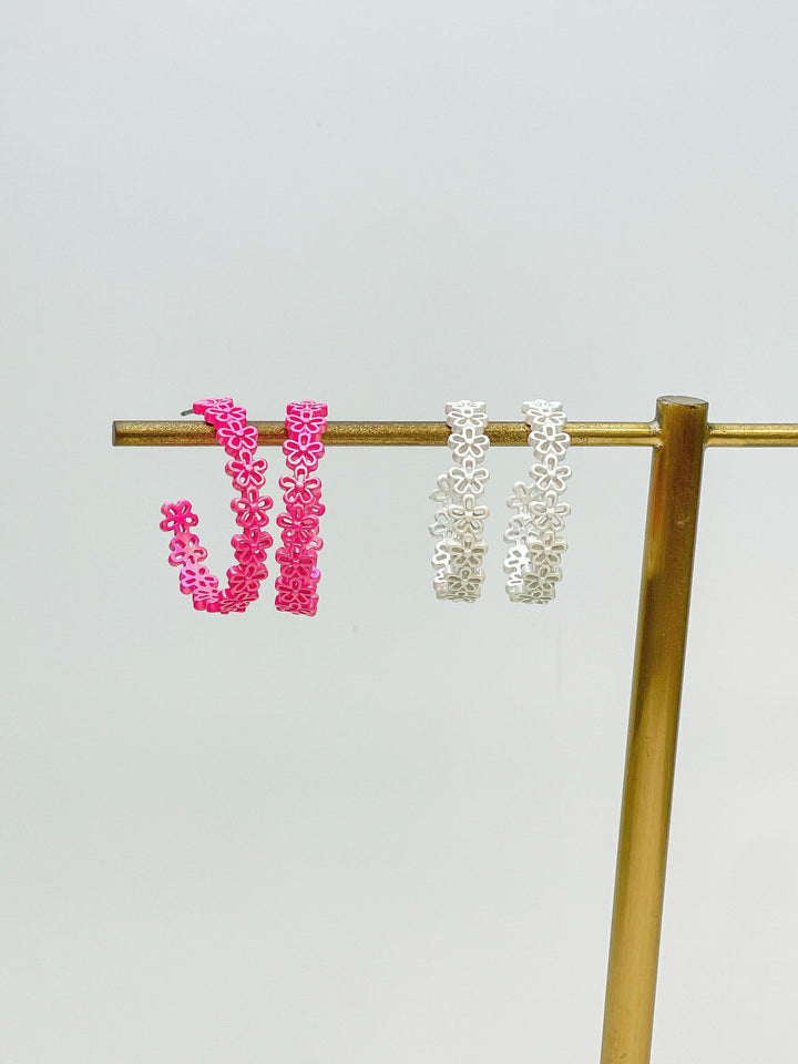 Textured Metal Flower Hoop Earrings - White