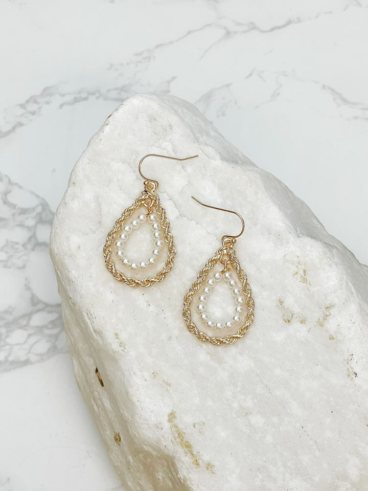 Twisted Double Teardrop Pearl Dangle Earrings - Gold