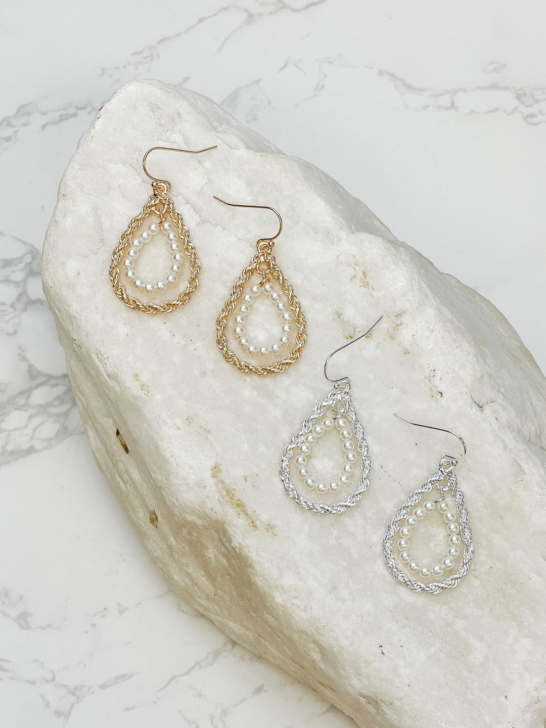 Twisted Double Teardrop Pearl Dangle Earrings - Gold