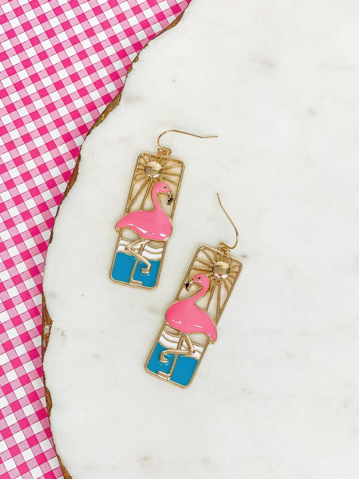 Seaside Metal & Enamel Portrait Dangle Earrings - Flamingo