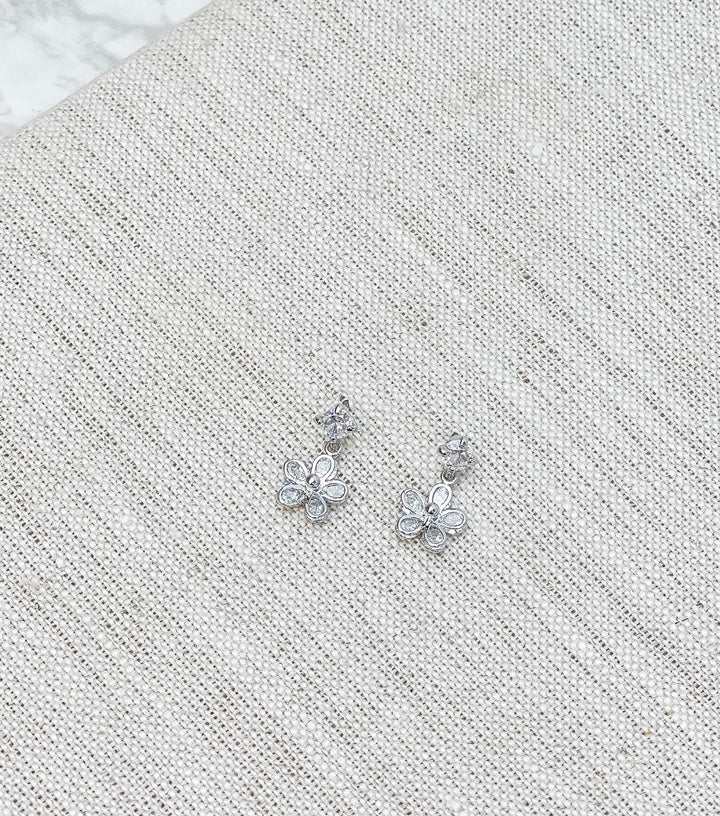 Dainty Cubic Zirconia Flower Dangle Earrings - Silver