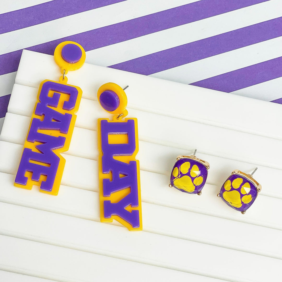 'Game Day' Statement Dangle Earrings - Yellow & Purple