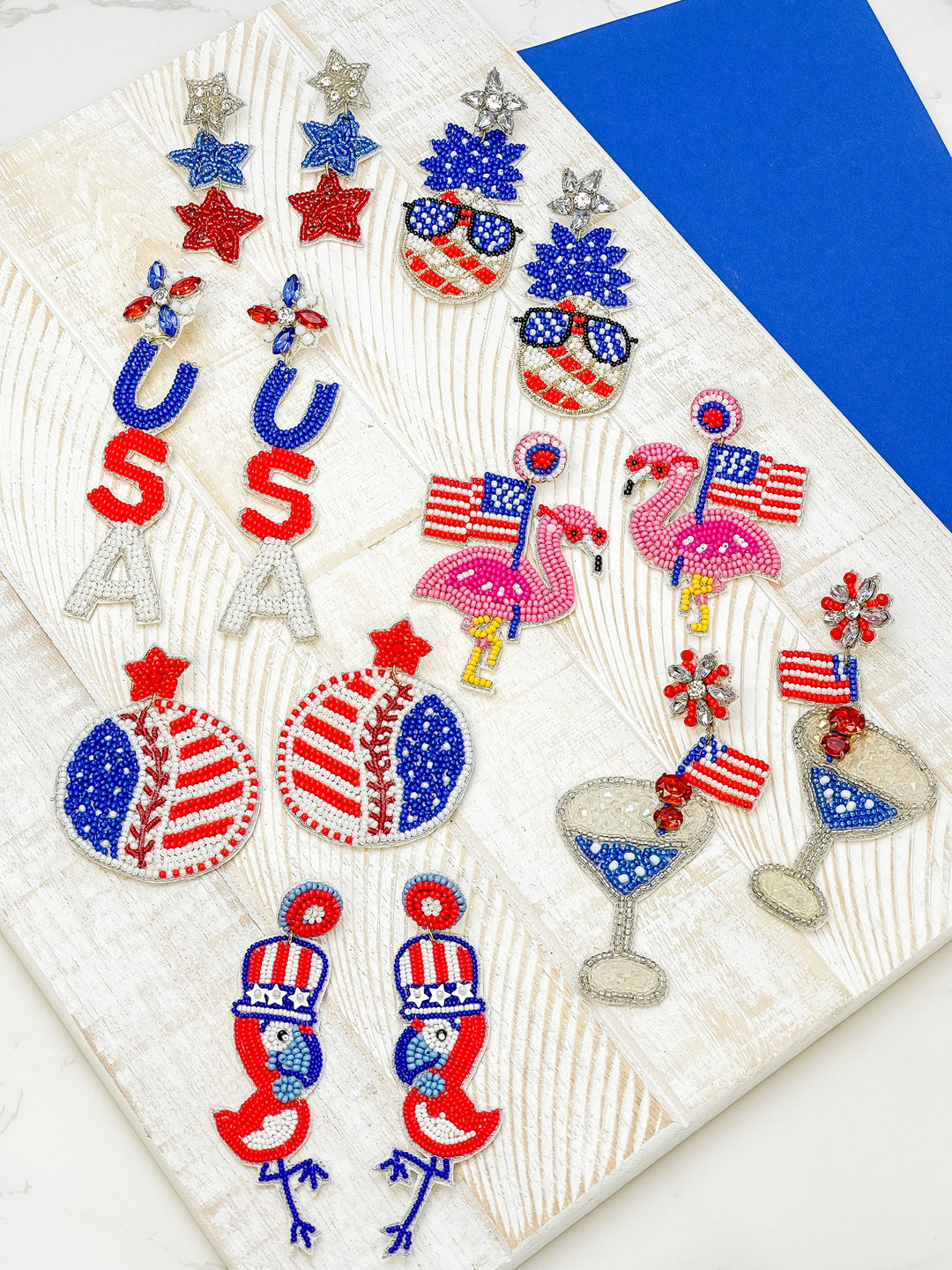 Patriotic Baseball Beaded Dangle Earrings