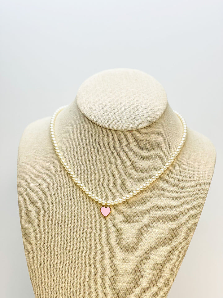 Pearl Bead Heart Charm Necklace - Pink