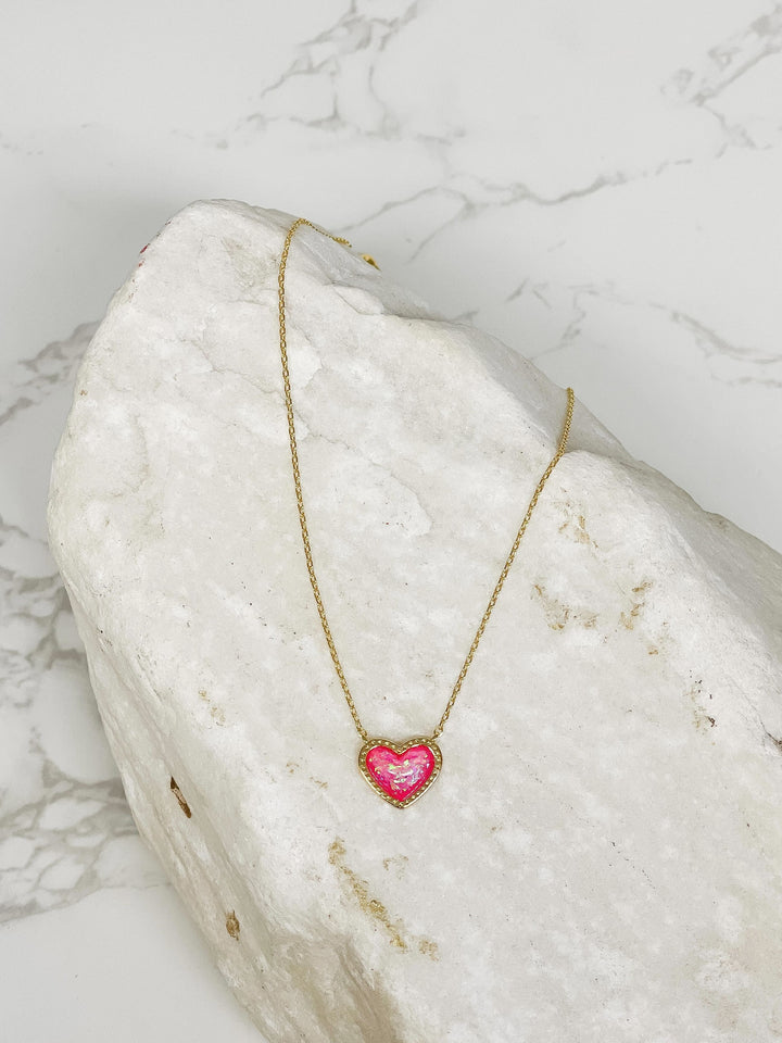 Bright Gold-Dipped Heart Charm Necklace - Pink