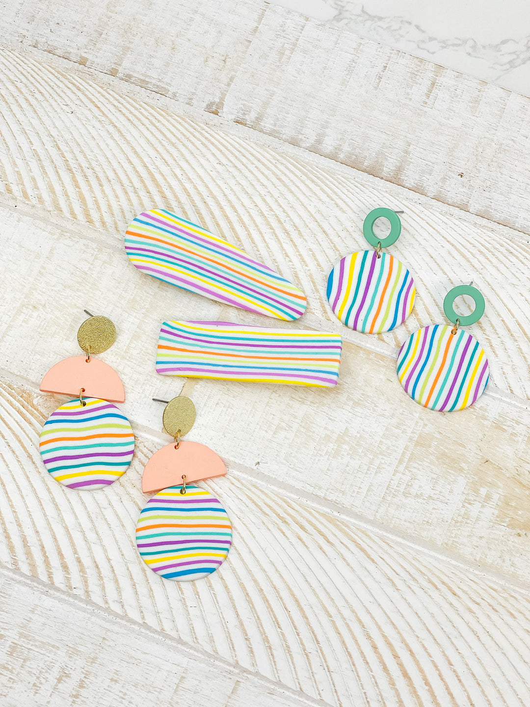 Geometric Circle Clay Dangle Earrings - Rainbow Stripe & Turquoise