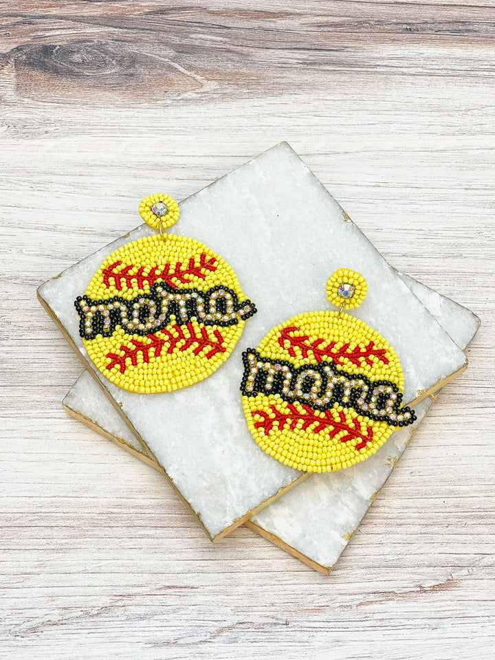 Glitzy Softball Mama Beaded Dangle Earrings