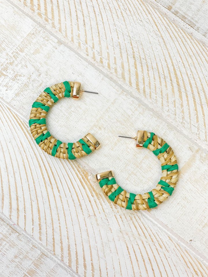 Raffia Striped Hoop Earrings - Green