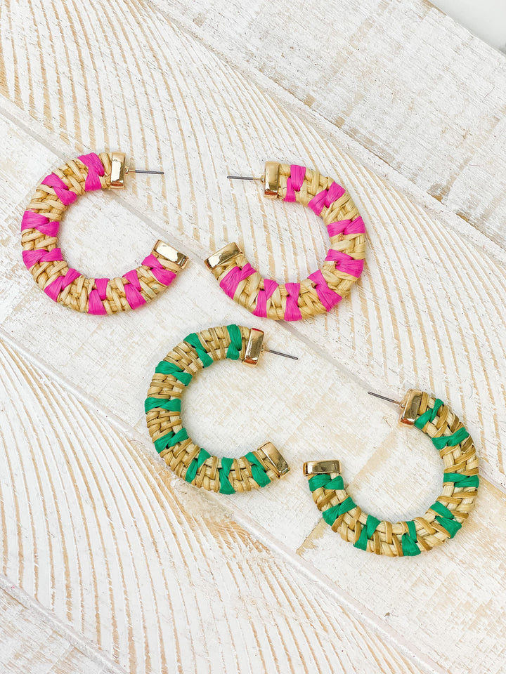 Raffia Striped Hoop Earrings - Green