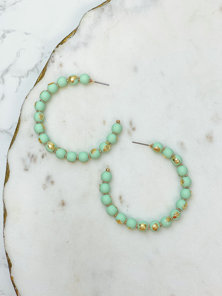 Gold-Foiled Beaded Hoop Earrings - Green