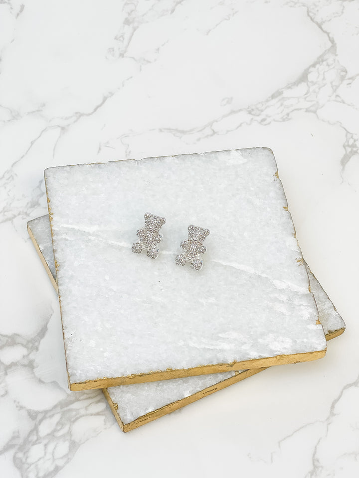 Glitzy Teddy Bear Stud Earrings - Silver