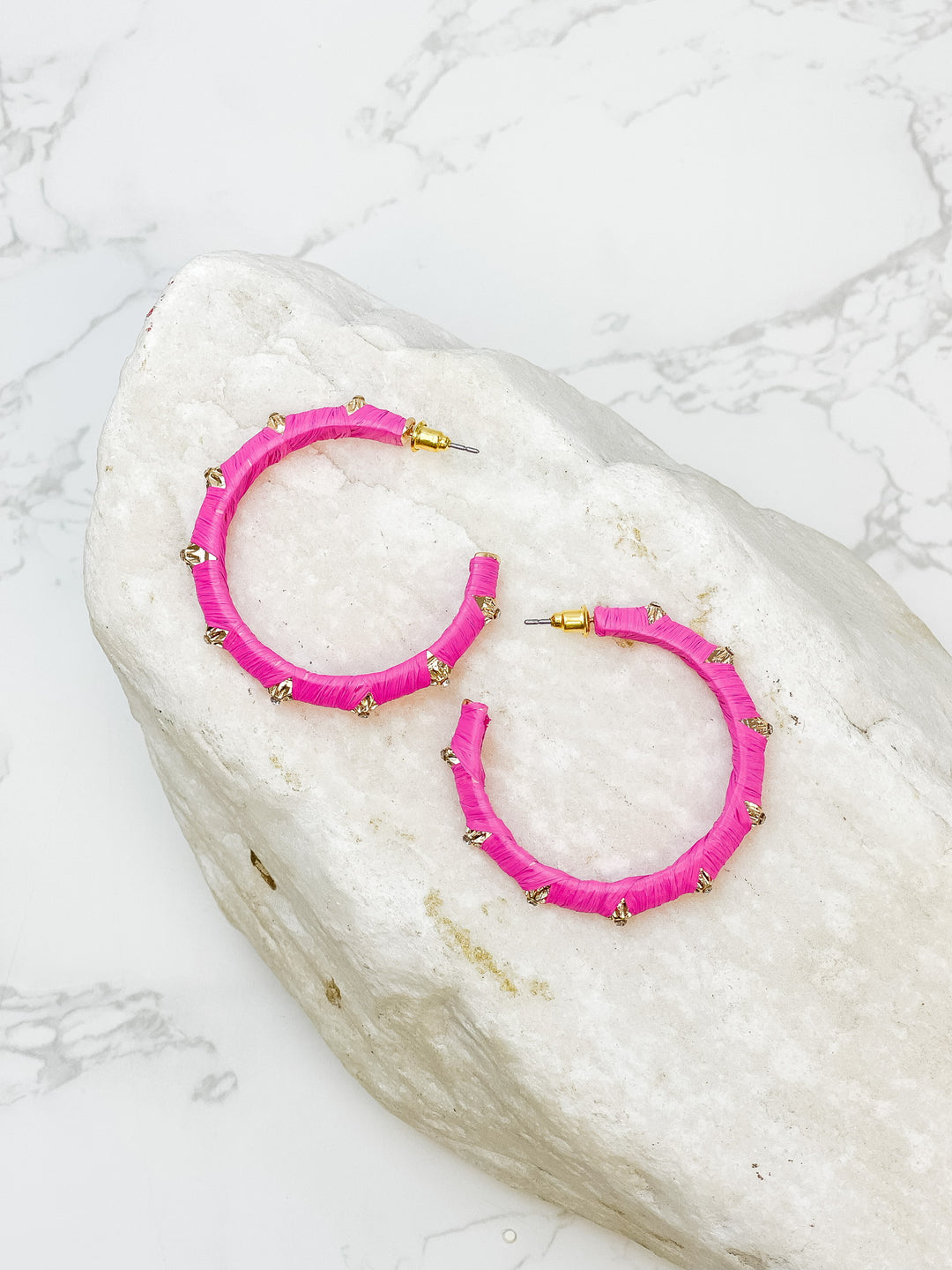 Raffia Wrapped Rhinestone Hoop Earrings - Pink