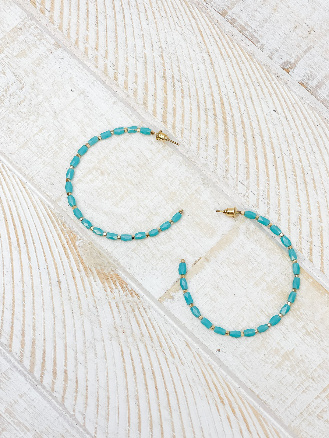 Beaded Gold Skinny Open Hoop Earrings - Aqua