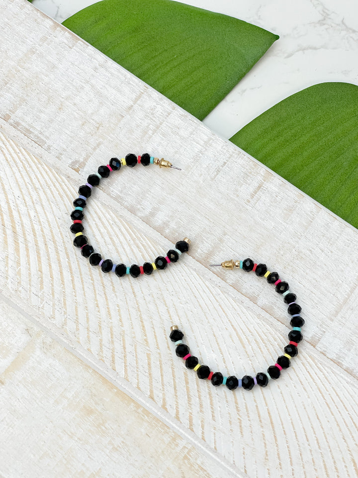 Rainbow Beaded Open Hoop Earrings - Black