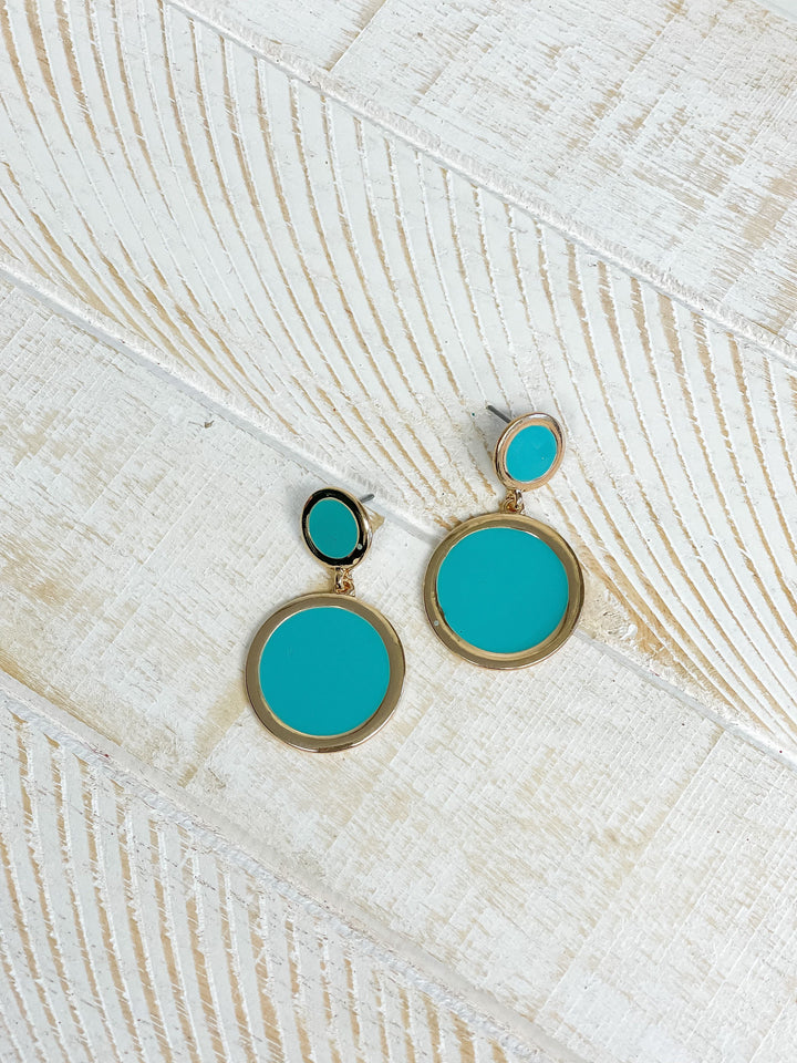 Round Gold-Trim Enamel Dangle Earrings - Turquoise