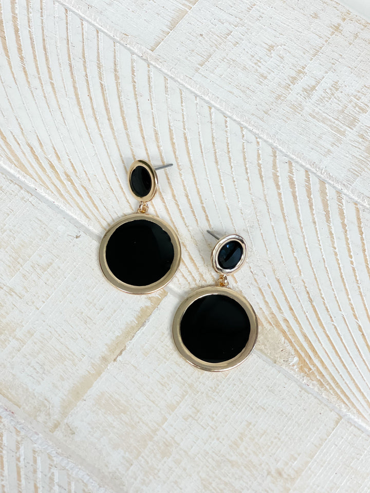 Round Gold-Trim Enamel Dangle Earrings - Black