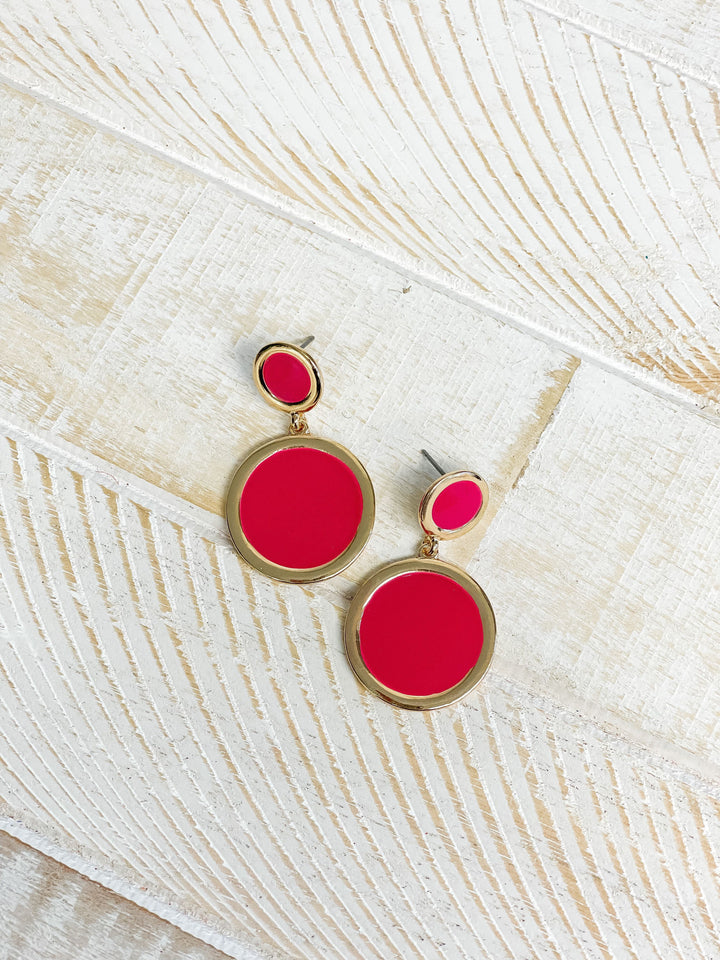 Round Gold-Trim Enamel Dangle Earrings - Pink