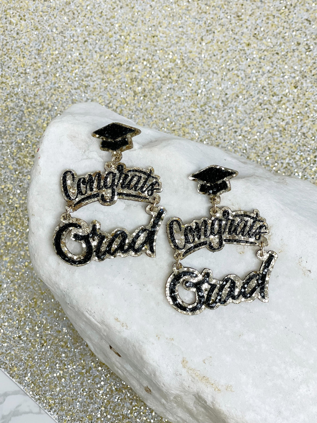 Gold Glitter Cursive 'Congrats Grad' Dangle Earrings