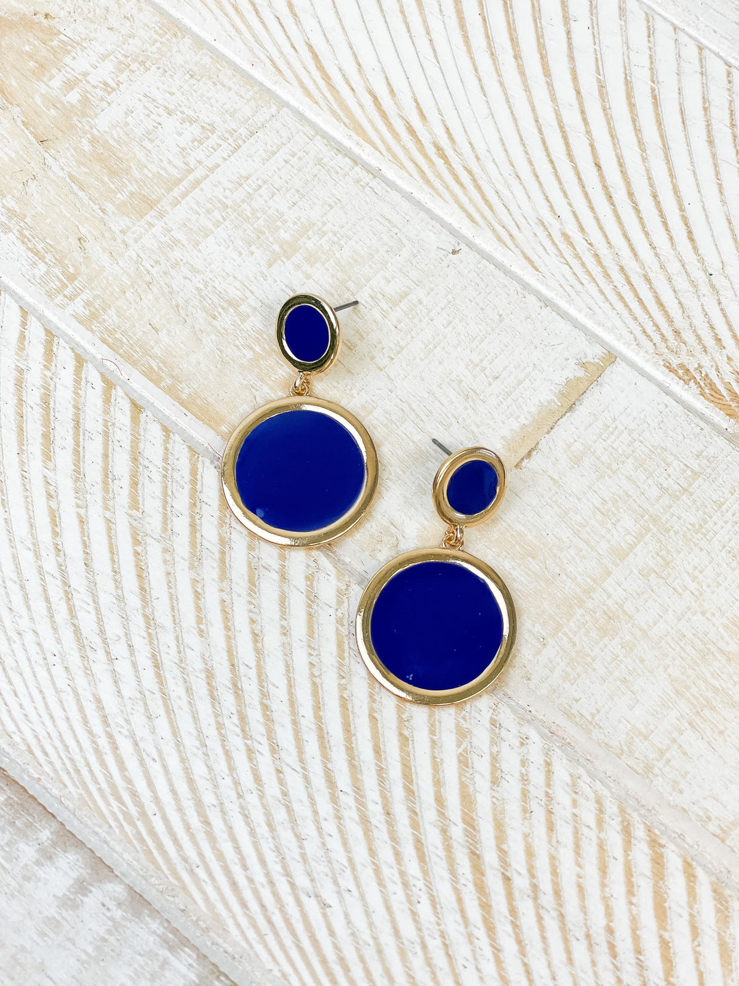 Round Gold-Trim Enamel Dangle Earrings - Navy