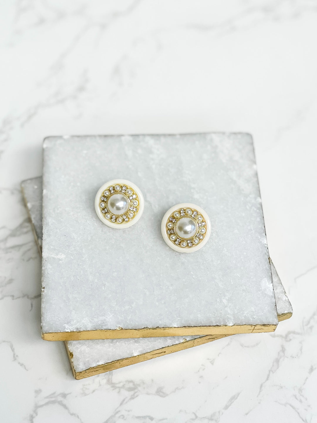 Glitzy Pearl Medallion Post Earrings