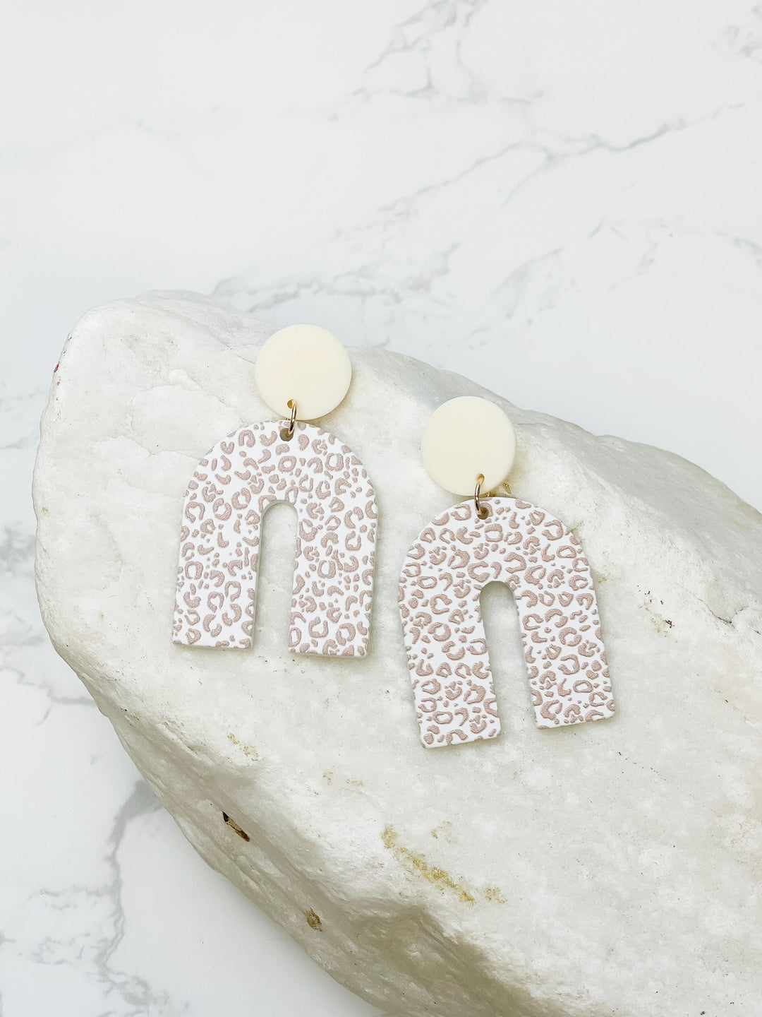 Natural Leopard Arch Dangle Earrings - White