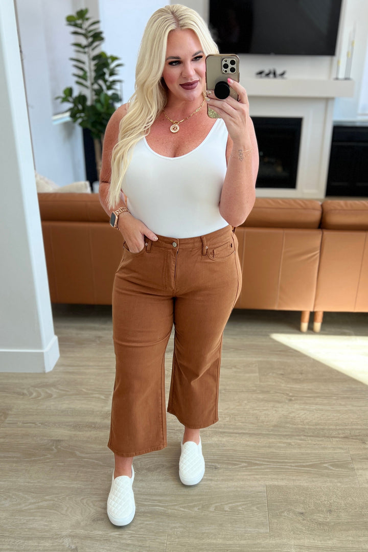 Briar High Rise Control Top Wide Leg Crop Jeans in Camel by Judy Blue