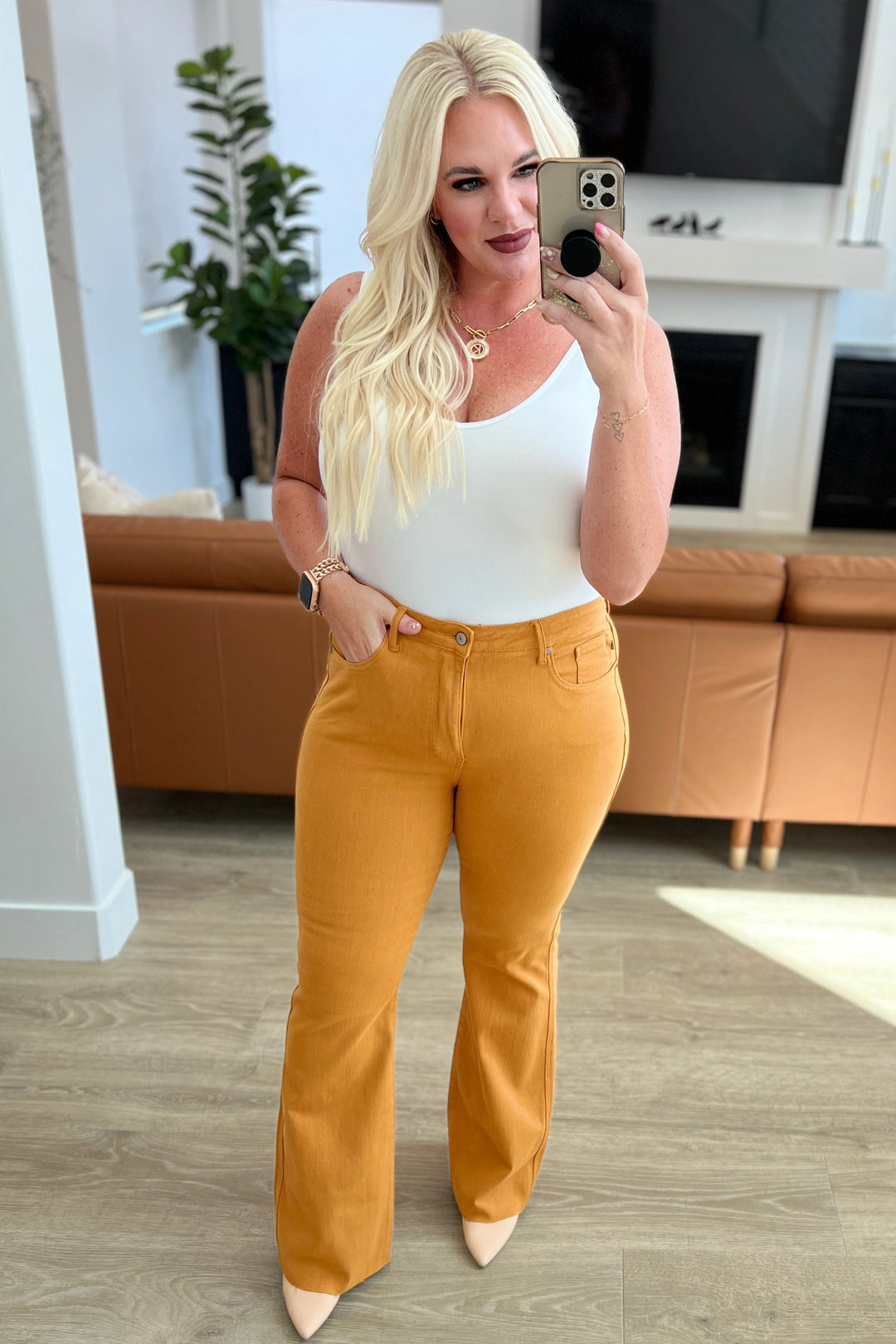 Melinda High Rise Control Top Flare Jeans in Marigold by Judy Blue