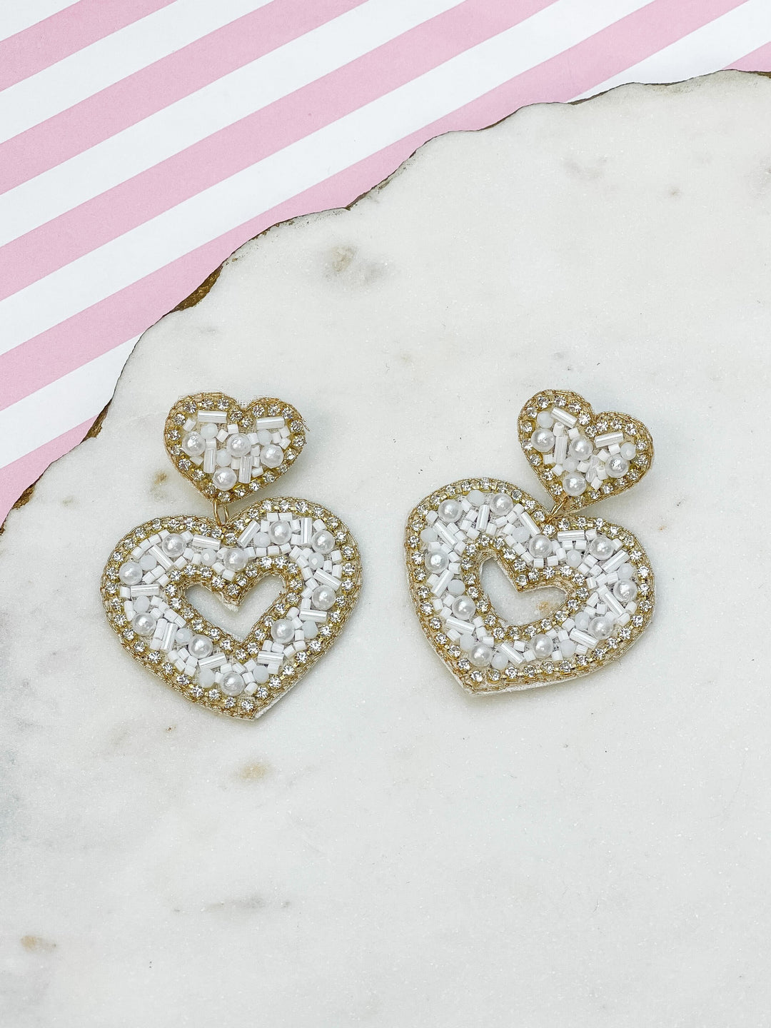 Sparkly Beaded Double Heart Dangle Earrings - Ivory