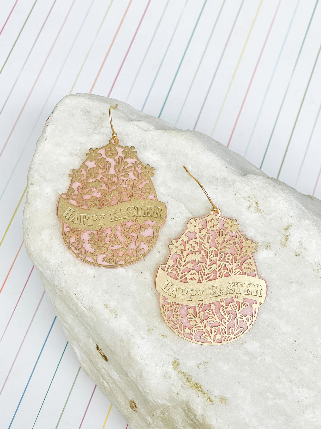 Blooming Floral 'Happy Easter' Egg Dangle Earrings - Gold