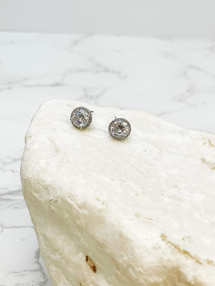 Glitzy Halo Circle Stud Earrings - Silver