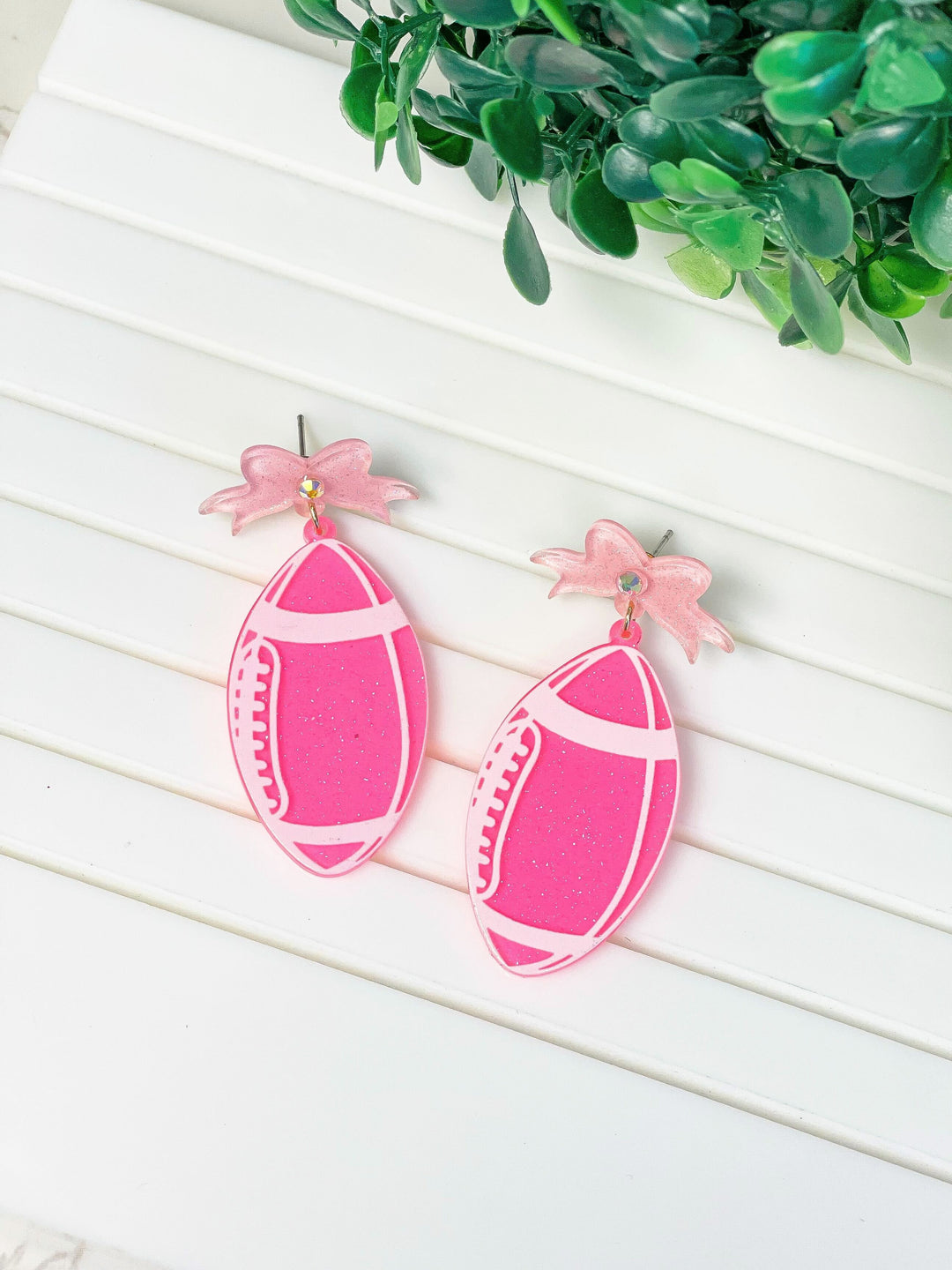 Football Bow Drop Earrings - Pink