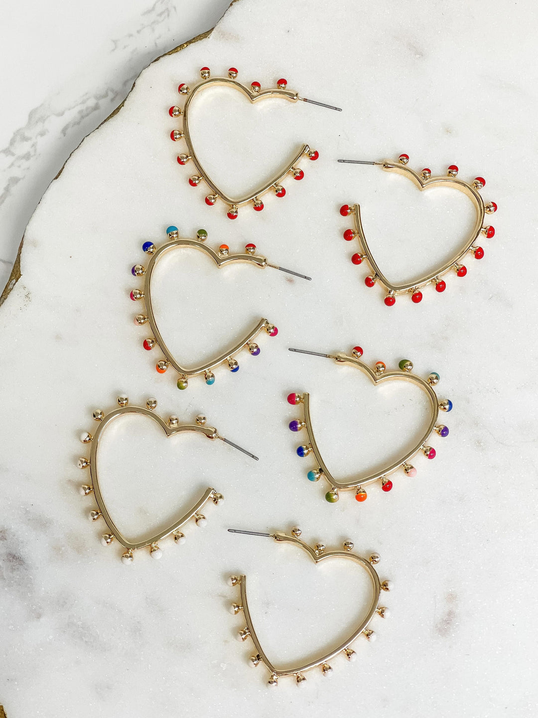 Studded Gold Heart Hoop Earrings - Red