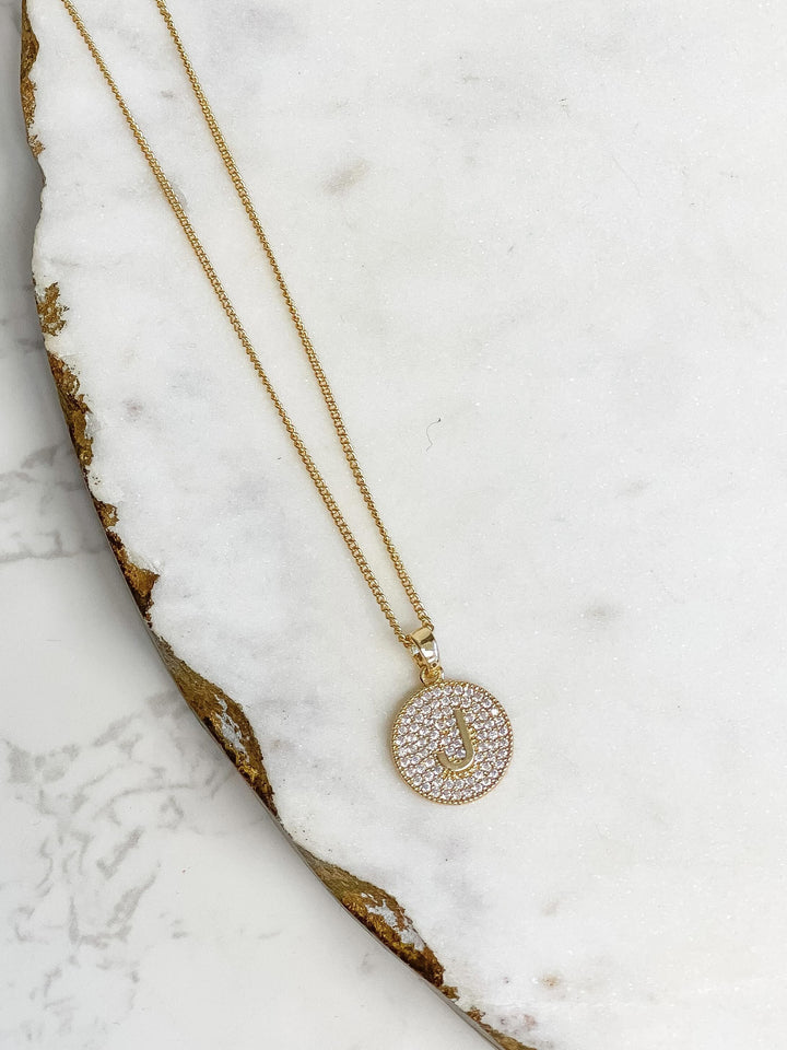 Cubic Zirconia Initial Disc Pendant Necklaces - Gold