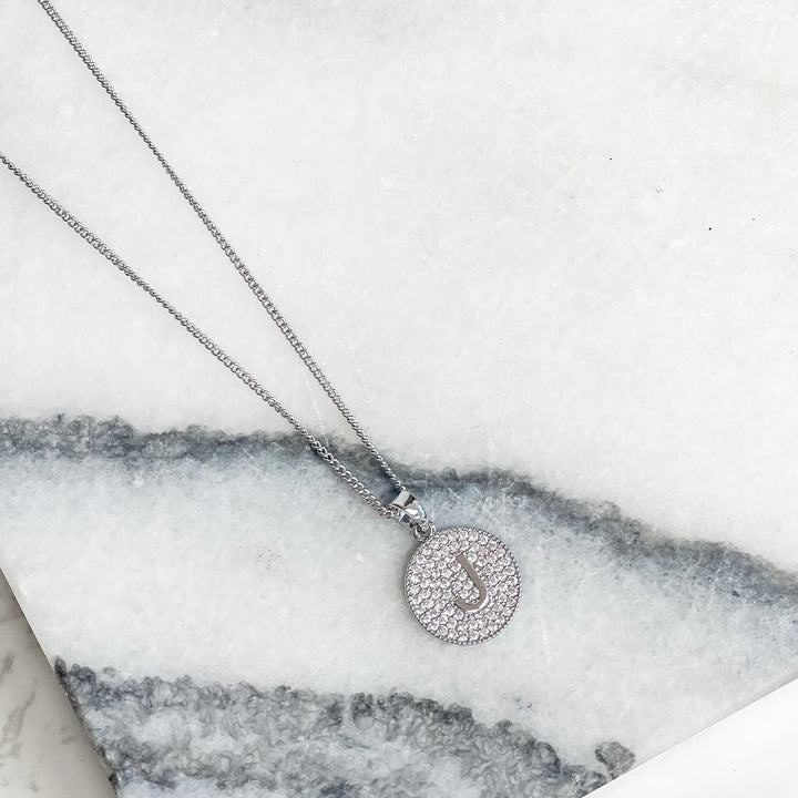 Cubic Zirconia Initial Disc Pendant Necklaces - White Gold