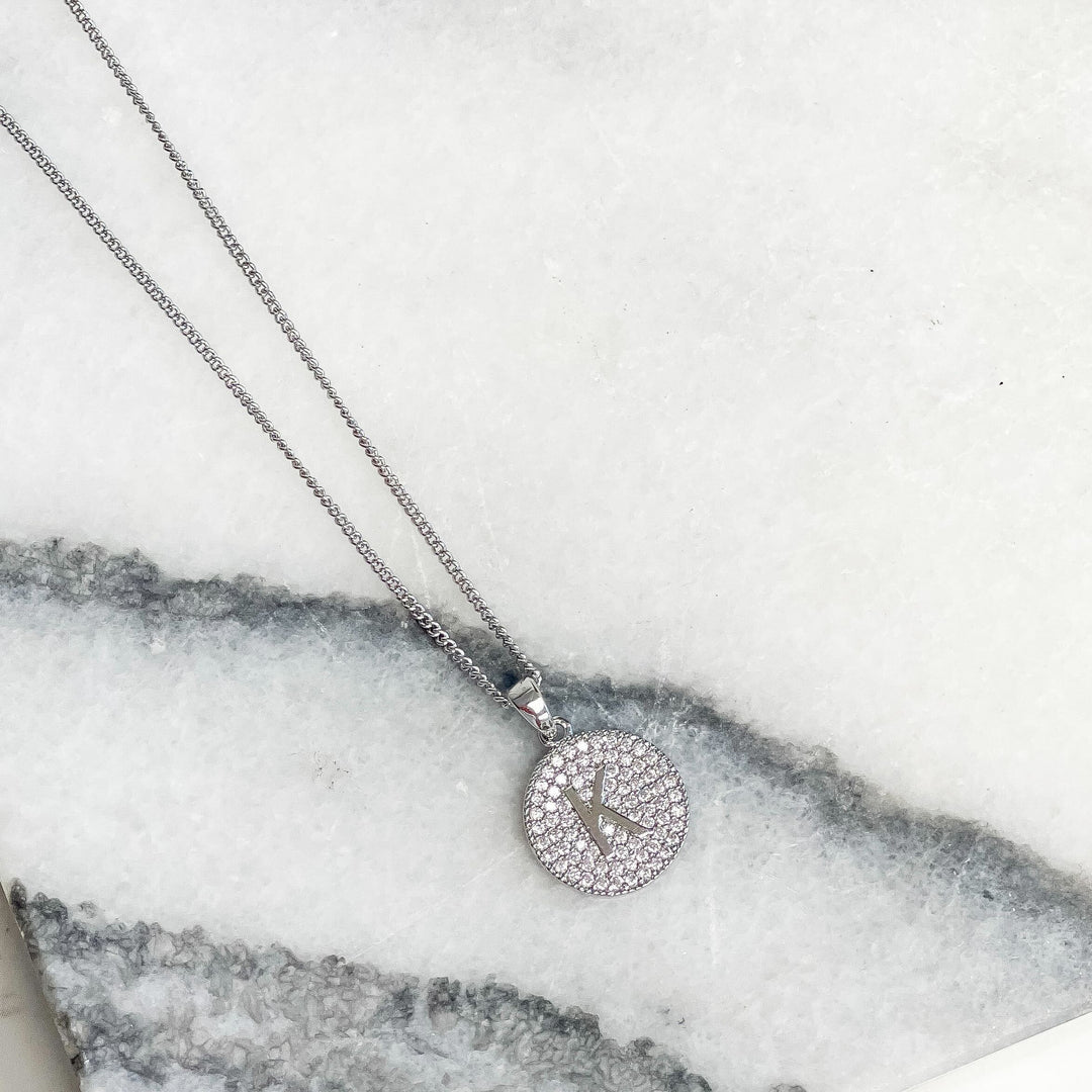 Cubic Zirconia Initial Disc Pendant Necklaces - White Gold