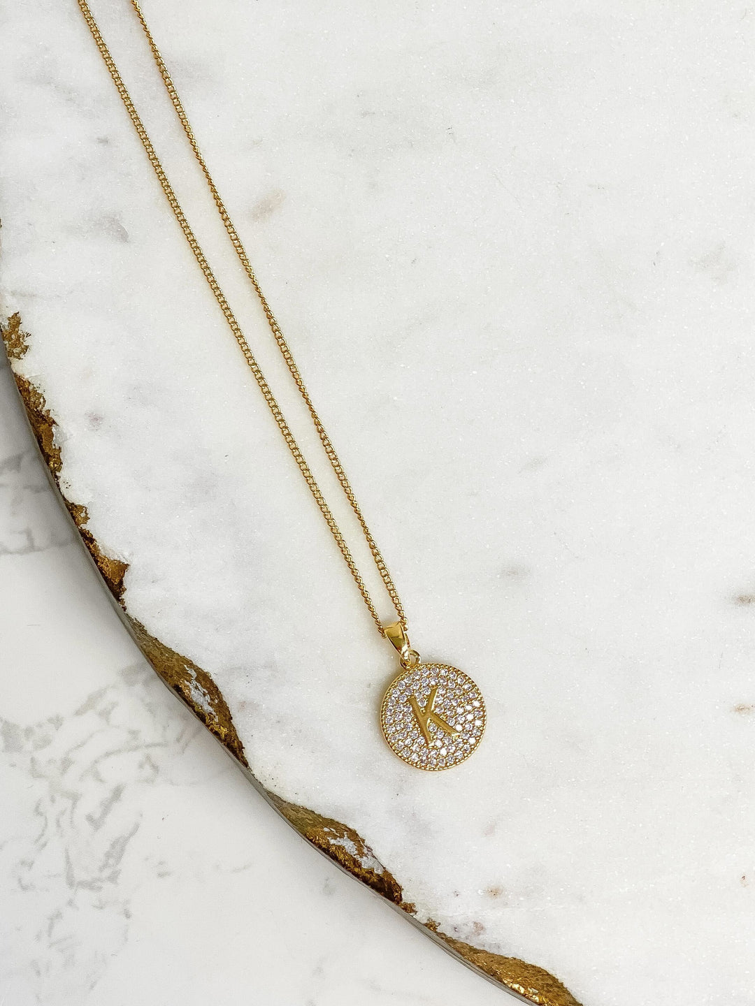 Cubic Zirconia Initial Disc Pendant Necklaces - Gold