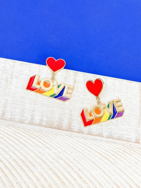 'LOVE' Enamel Heart Post Dangle Earrings