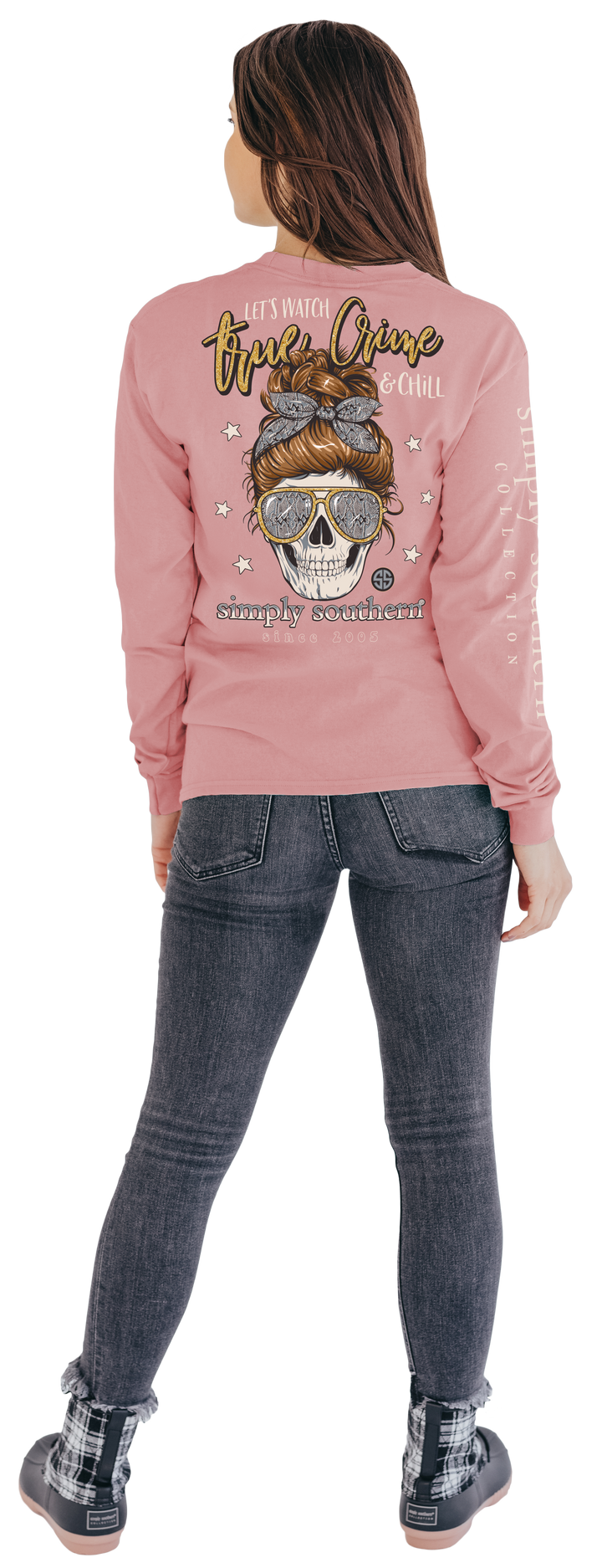 'Let's Watch True Crime & Chill' Messy Bun Long Sleeve Tee by Simply Southern