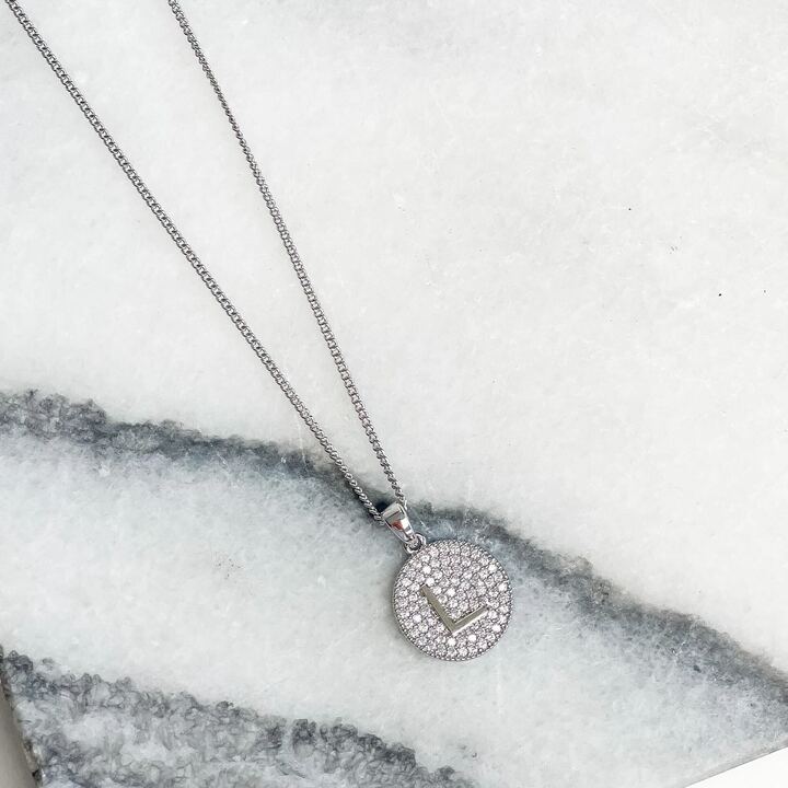 Cubic Zirconia Initial Disc Pendant Necklaces - White Gold