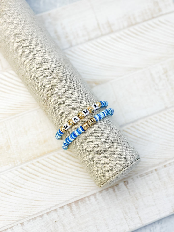 'Mama' Stretch Bracelet Set - Blue & Gold