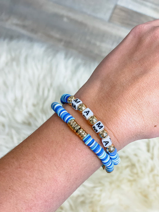 'Mama' Stretch Bracelet Set - Blue & Gold