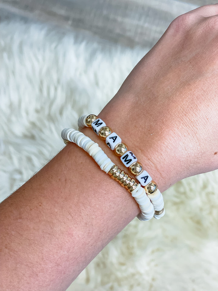 'Mama' Stretch Bracelet Set - White & Gold