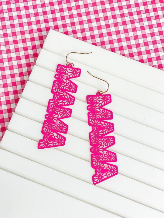 'Mama' Hot Pink Filigree Cutout Dangle Earrings